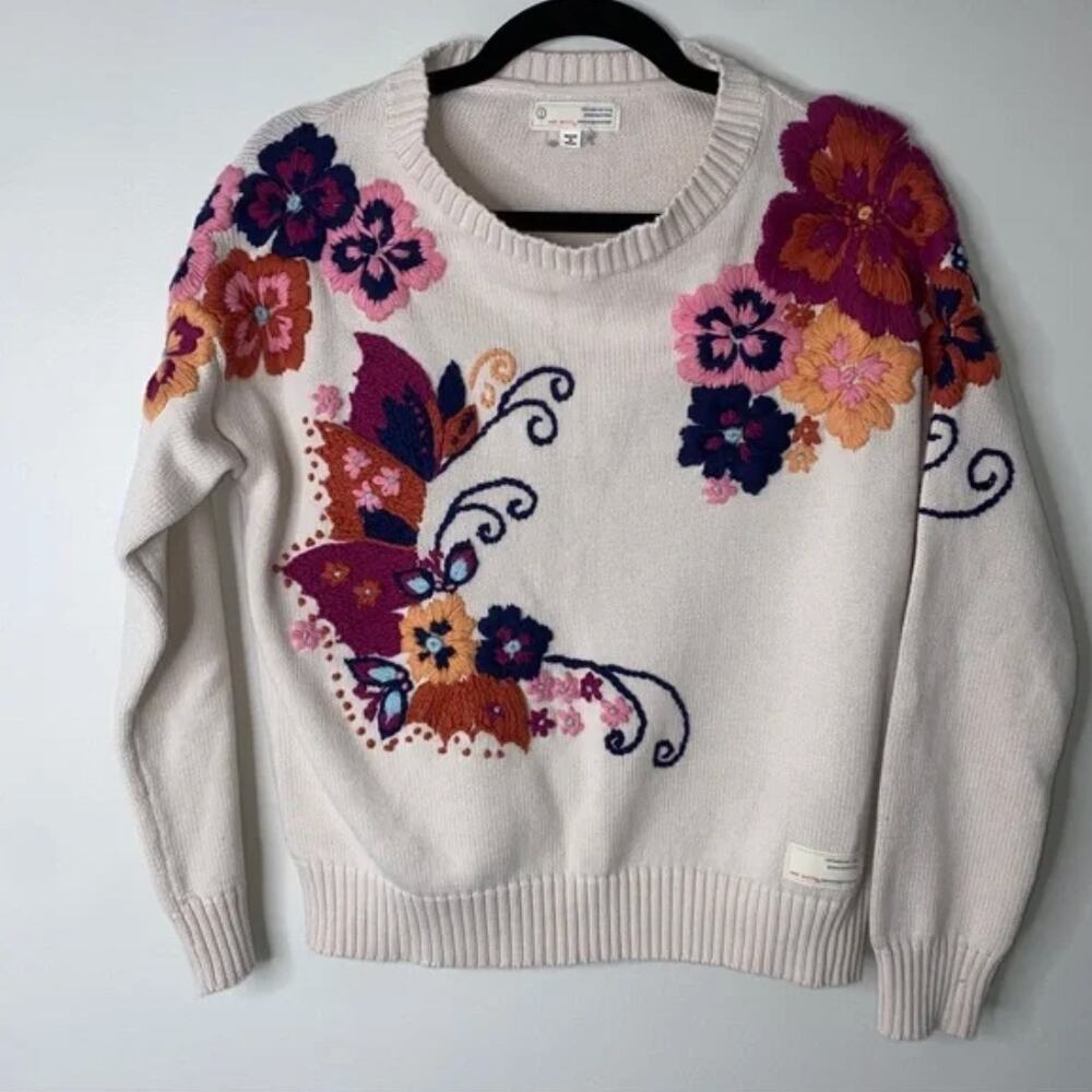 Odd Molly Miss Epic 3D Floral Boho Embroidered Cream Tan Sweater S Grandmacore - Picture 2 of 7